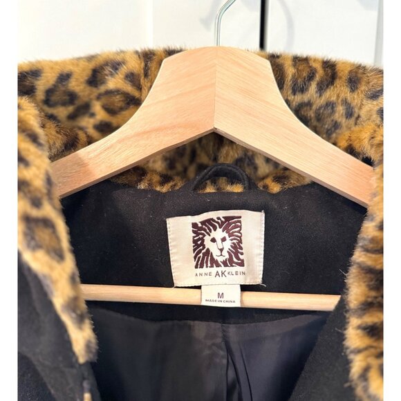 Anne Klein Black Pea Coat Leopard Print Faux Fur Hood Size Medium Winter Wool - Picture 3 of 7